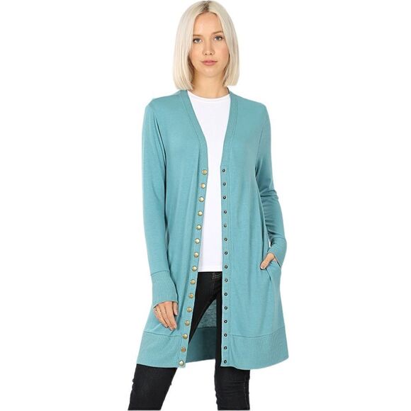 NWT THIGH-LENGTH SNAP BUTTON CARDIGAN W/ RIBBED Dusty teal - Picture 1 of 3